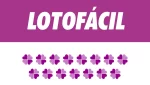 Logotipo da Lotofácil com fundo roxo e trevos de quatro folhas representando os números sorteados na loteria.